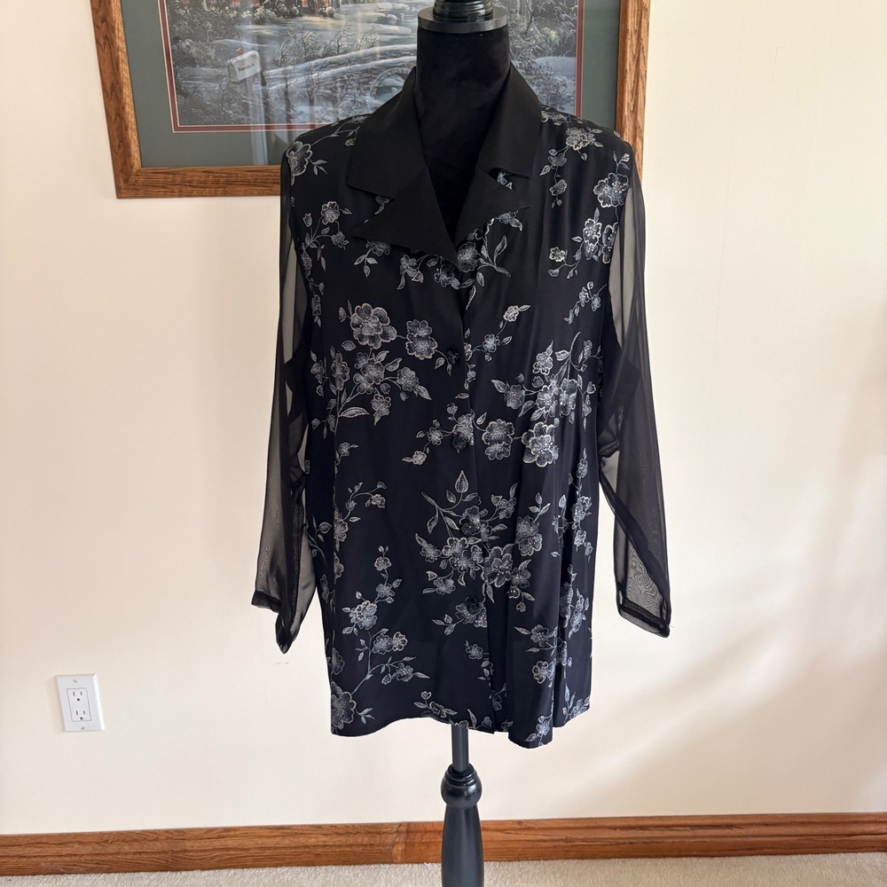 RAG Floral Button Down Shirt Women 18/20 Black Silver Sheer Sleeve Dressy Blouse